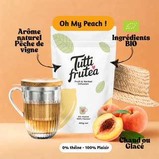Sachet vrac 200g infusion bio Oh My Peach !, mélange de morceaux de fruits aux notes intenses de pêche de vigne, sans théine.