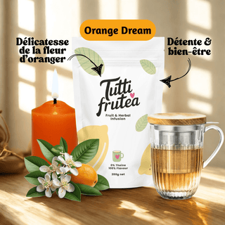Sachet vrac 200g infusion Orange Dream, mélange de fleurs d'oranger, morceaux de pomme et zestes d'agrumes.