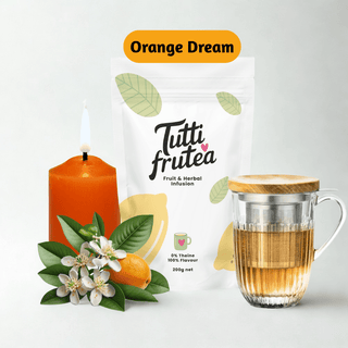 Sachet vrac 200g infusion Orange Dream, mélange de fleurs d'oranger, morceaux de pomme et zestes d'agrumes.