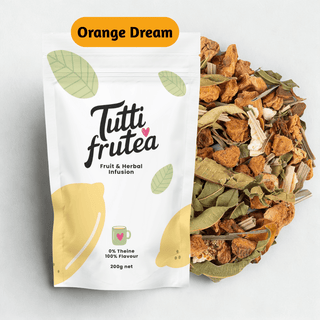 Sachet vrac 200g infusion Orange Dream, mélange de fleurs d'oranger, morceaux de pomme et zestes d'agrumes.