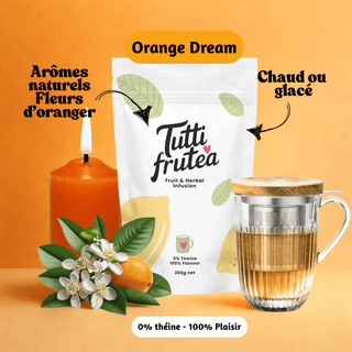 Sachet vrac 200g infusion Orange Dream, mélange de fleurs d'oranger, morceaux de pomme et zestes d'agrumes.