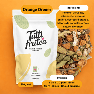 Sachet vrac 200g infusion Orange Dream, mélange de fleurs d'oranger, morceaux de pomme et zestes d'agrumes.