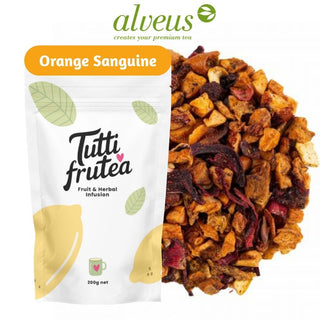 Sachet vrac 200g infusion Orange Sanguine Alveus, écorces d'orange, fleurs d'hibiscus et pétales de carthame orangés.
