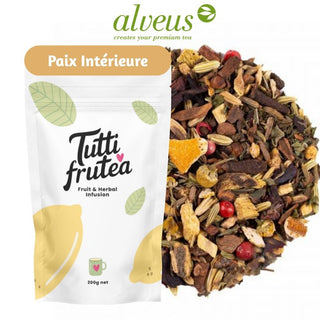 Mélange vrac 200g Paix Intérieure Alveus, bâtons cannelle, gingembre, fleurs de camomille, graines de fenouil et poivre rose.