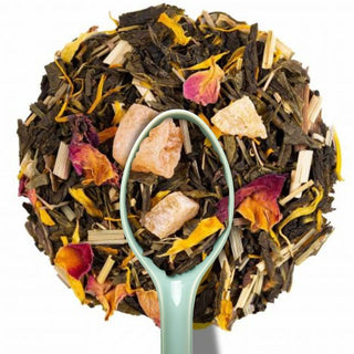 Thé vert vrac 200g Passion Citron Alveus, feuilles de Sencha, écorces de citron, fleurs de souci et morceaux d'ananas.