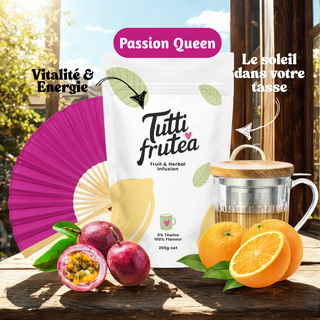 Sachet vrac 200g de l'infusion bio Passion Queen, mélange d'orange et fruit de la passion sans théine.