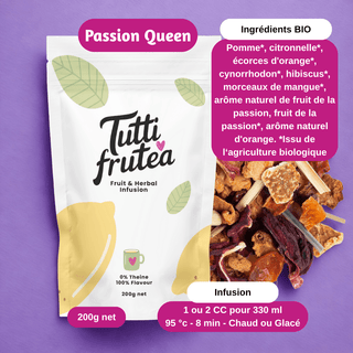 Sachet vrac 200g de l'infusion bio Passion Queen, mélange d'orange et fruit de la passion sans théine.