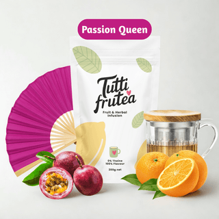 Sachet vrac 200g de l'infusion bio Passion Queen, mélange d'orange et fruit de la passion sans théine.