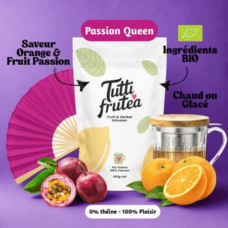 Sachet vrac 200g de l'infusion bio Passion Queen, mélange d'orange et fruit de la passion sans théine.