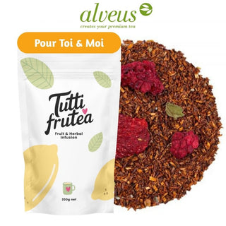Sachet vrac 200g Rooibos Pour Toi et Moi Alveus, mélange de rooibos rouge, morceaux de fraises et framboises.