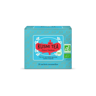 Boîte de 20 sachets mousselines Prince Vladimir Bio Kusmi Tea, thé noir Earl Grey, agrumes, vanille et épices russes.