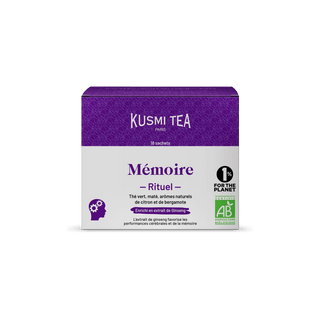 Boîte de 18 sachets mousselines Rituel Mémoire Bio Kusmi Tea, thé vert au ginseng et notes fraîches de bergamote.