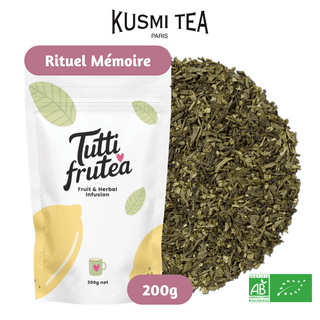 Sachet vrac 200g de thé vert Rituel Mémoire Bio Kusmi Tea, mélange fonctionnel au ginseng et à la bergamote.