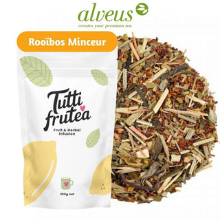 Sachet vrac 200g Rooibos Minceur Alveus, mélange de rooibos rouge et plantes drainantes aux éclats de pêche et citron.