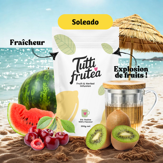 Sachet vrac 200g infusion Soleado, mélange coloré de morceaux de kiwi, cerises entières et cubes de pastèque.