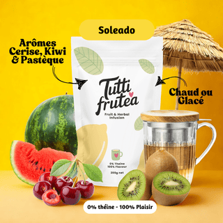 Sachet vrac 200g infusion Soleado, mélange coloré de morceaux de kiwi, cerises entières et cubes de pastèque.