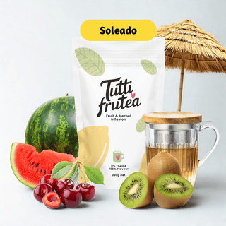 Sachet vrac 200g infusion Soleado, mélange coloré de morceaux de kiwi, cerises entières et cubes de pastèque.