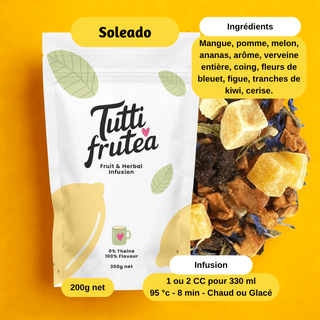 Sachet vrac 200g infusion Soleado, mélange coloré de morceaux de kiwi, cerises entières et cubes de pastèque.
