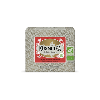 Boîte de 20 sachets mousselines de thé noir St-Pétersbourg Bio Kusmi Tea Earl Grey fruits rouges et caramel.