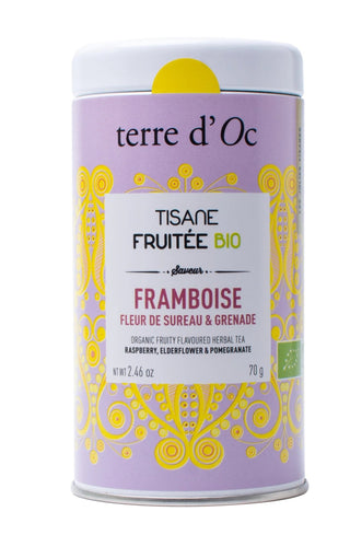 TISANE BIO FRAMBOISE, FLEUR DE SUREAU & GRENADE - TERRE D’OC - Boîte Métal 70g - Tisane - TERRE D'OC - Tuttifrutea.com
