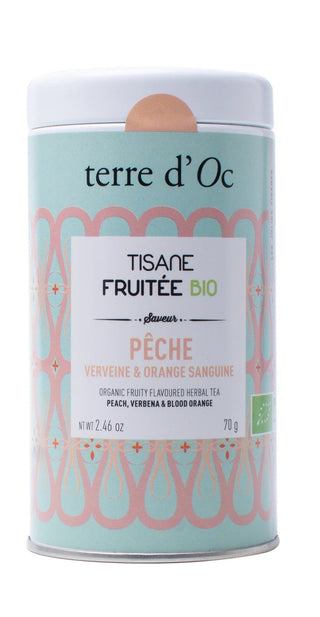 TISANE BIO PÊCHE, VERVEINE & ORANGE SANGUINE - TERRE D’OC - Boîte Métal 70g - Tisane - TERRE D'OC - Tuttifrutea.com