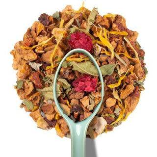 Sachet vrac 200g Tisane des Elfes Alveus, feuilles de verveine entière, rooibos vert, morceaux d'orange et baies sauvages.