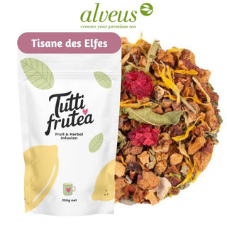 Sachet vrac 200g Tisane des Elfes Alveus, feuilles de verveine entière, rooibos vert, morceaux d'orange et baies sauvages.