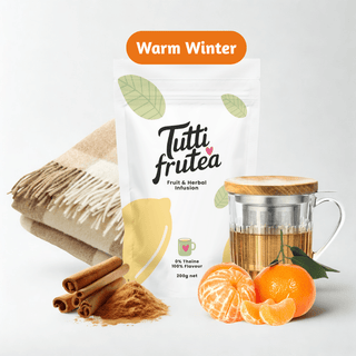 Sachet vrac 200g infusion bio Warm Winter, mélange d'écorces de mandarine, bâtons de cannelle et morceaux de pomme bio.