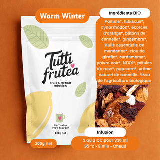 Sachet vrac 200g infusion bio Warm Winter, mélange d'écorces de mandarine, bâtons de cannelle et morceaux de pomme bio.