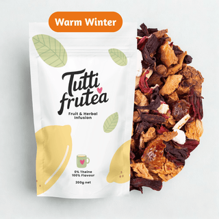 Sachet vrac 200g infusion bio Warm Winter, mélange d'écorces de mandarine, bâtons de cannelle et morceaux de pomme bio.